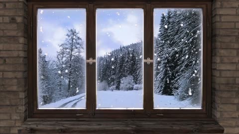 LOOP - Snow Falling through Window Dark Brown Frame