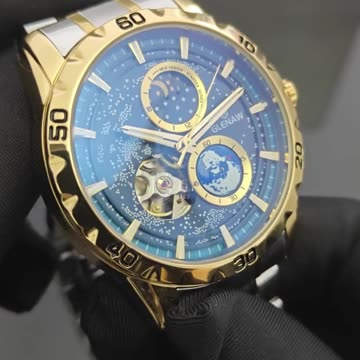 GLENAW Rotating Earth Double Second Hand WristWatch Men Automatic Mechanical Watc
