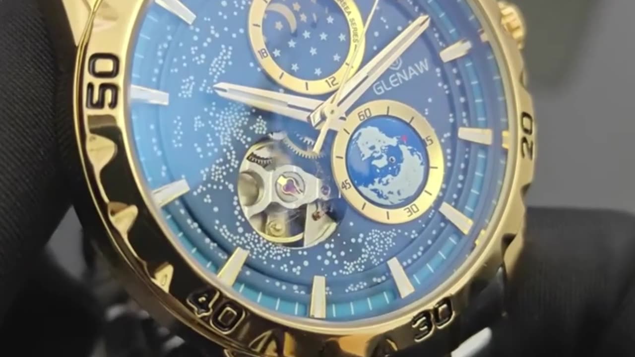 GLENAW Rotating Earth Double Second Hand WristWatch Men Automatic Mechanical Watc