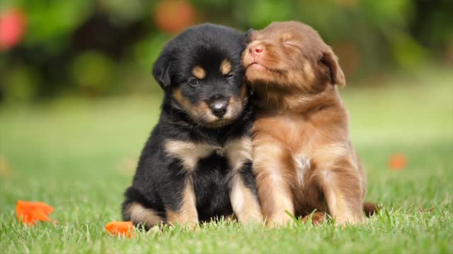 cute puppies, cute two puppies friendship, puppy playing on Grass field.