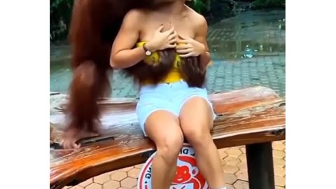 Girl funny video with monkey