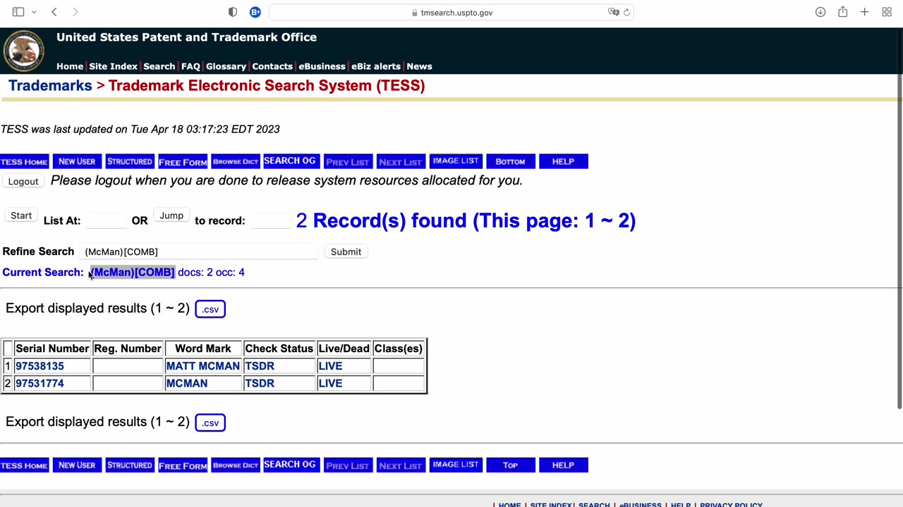 USPTO McMan Trademark Search Results Owned by Mr McMan April 18, 2023