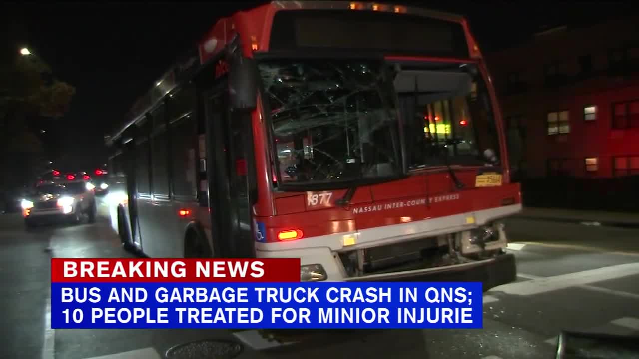 10 hurt after bus collides with garbage truck in Queens