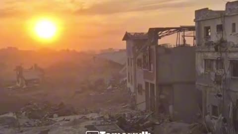 A painful painting, of a Gaza sunset amid massive destruction in the north of the strip