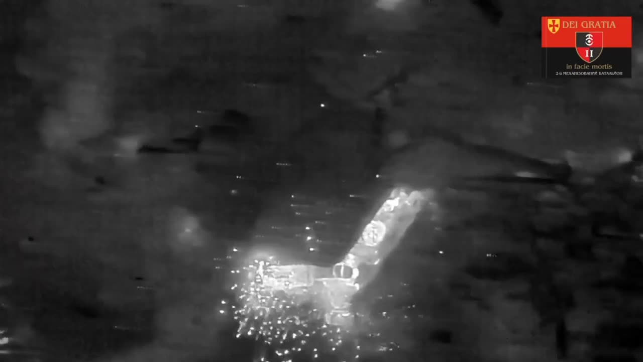 Thermal video of 2 Russians hit by grenades at night. Ammo cooks off and they are engulfed by flames