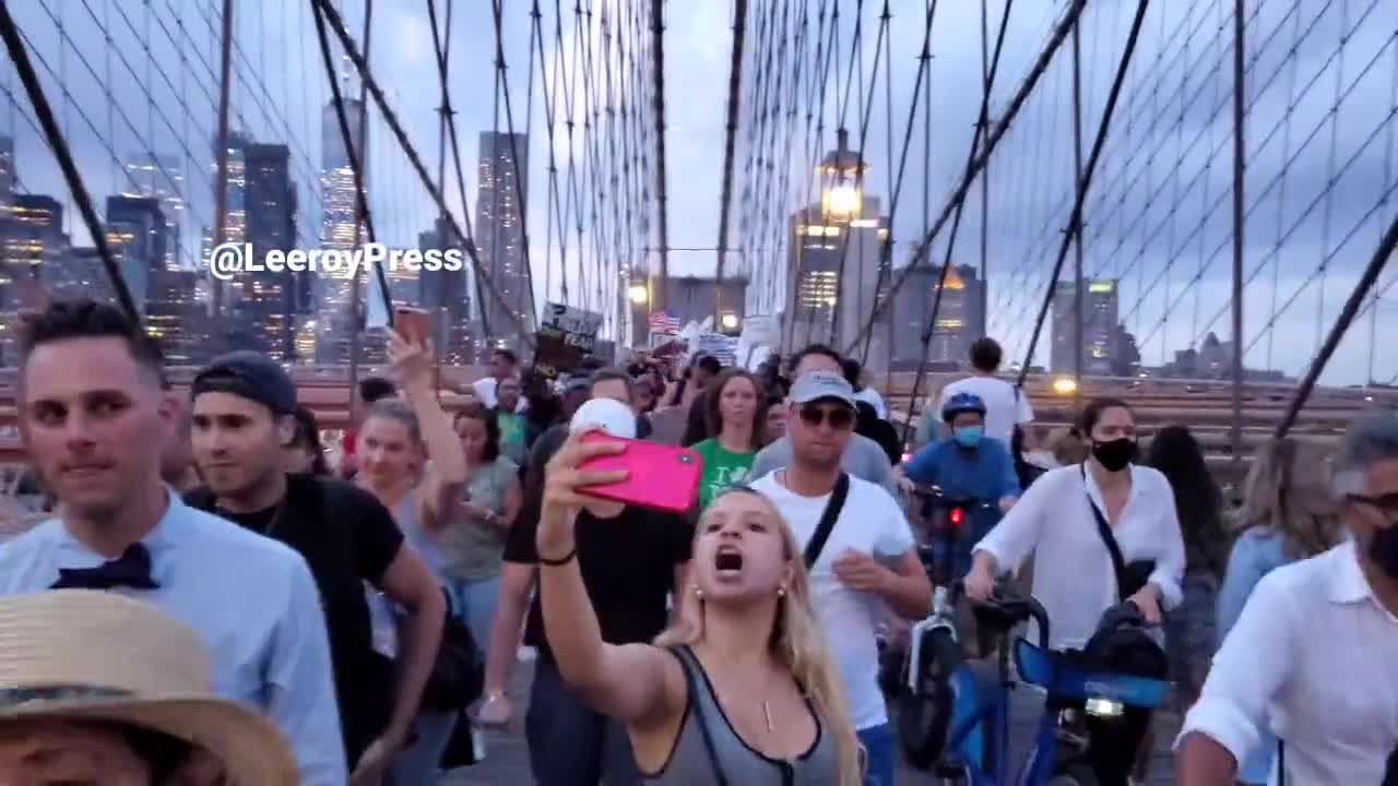 Anti-Vaccine Mandate Protesters on Brooklyn Bridge, New York City