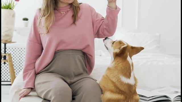 Women playing with cute dog