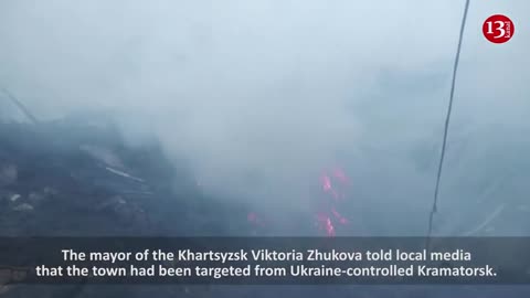 Buildings hit in shelling in Khartsyzk in Russia-controlled Donetsk region of Ukraine