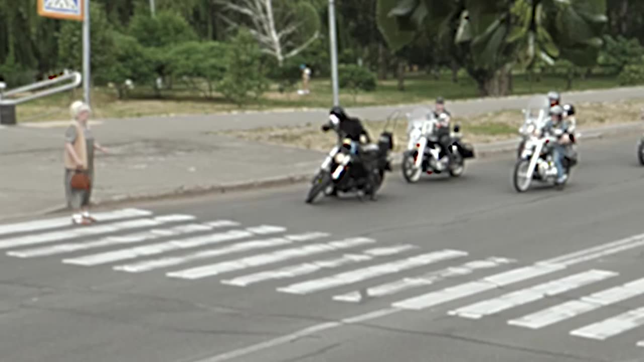 Bikers stop traffic to help elderly woman cross the street