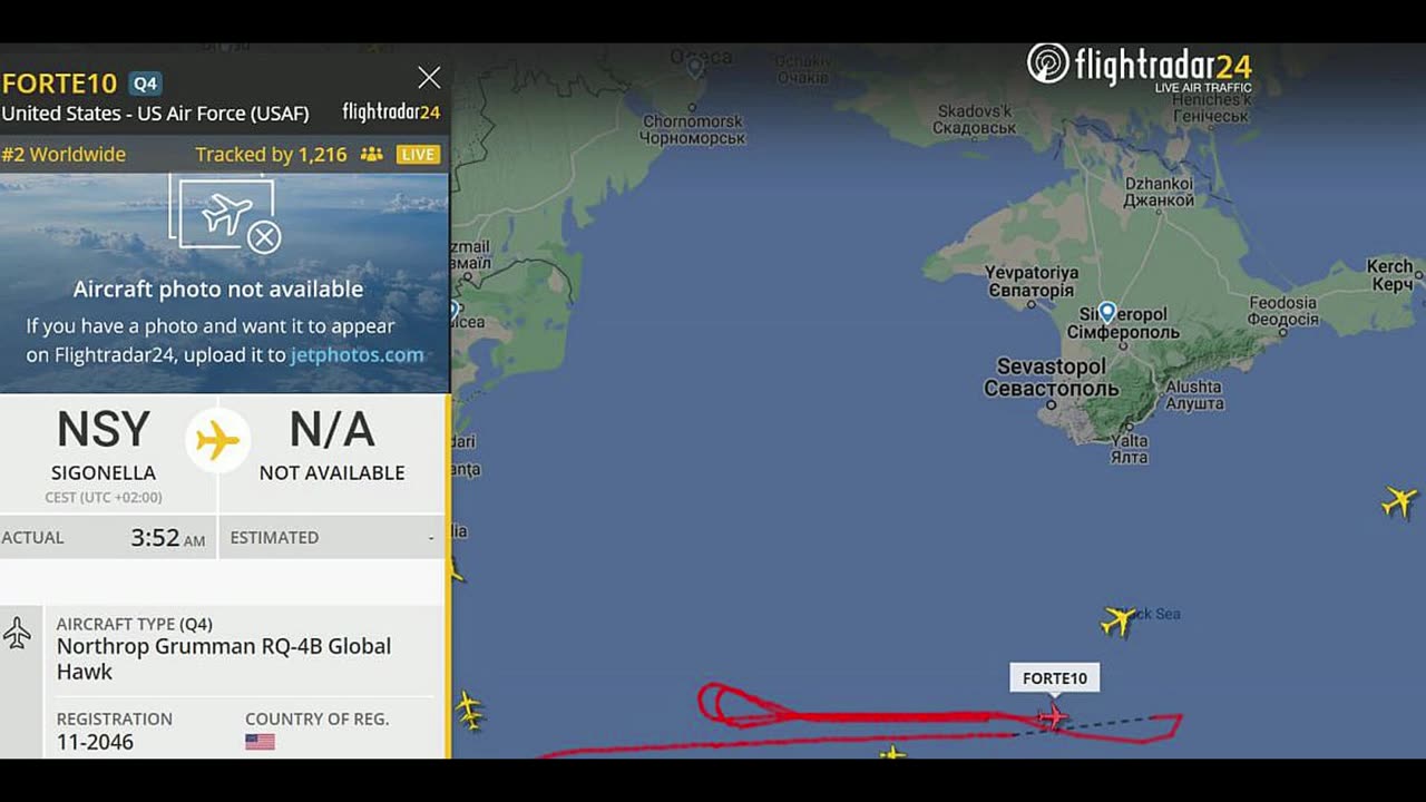 The American reconnaissance aircraft RQ-4B Global Hawk circles along the southern coast of Crimea