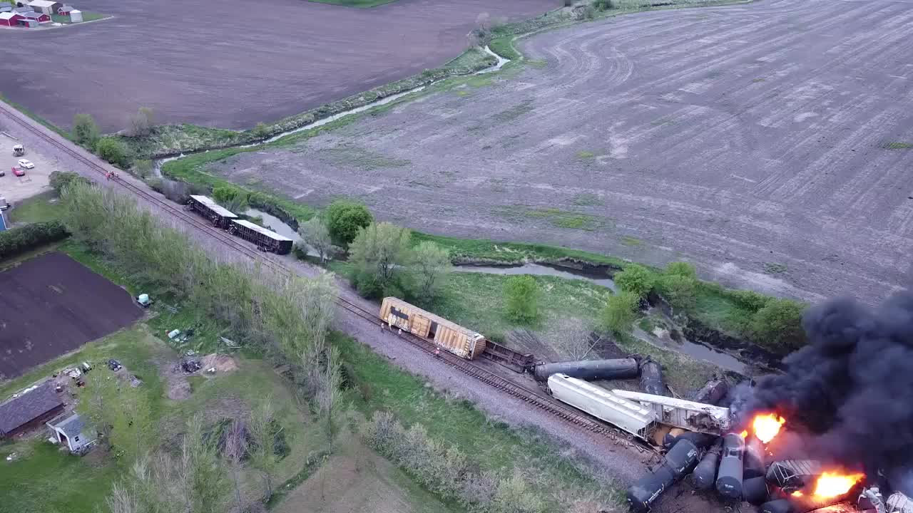 Aerial View of Burning Train on Railroad After Terrible Accident