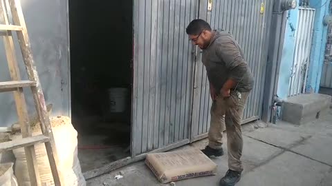 Man Attempts to Carry Sack of Cement Up Ladder