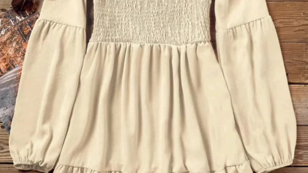 Ruffled Smocked Long Sleeve V-Neck Mini Dress - Apricot