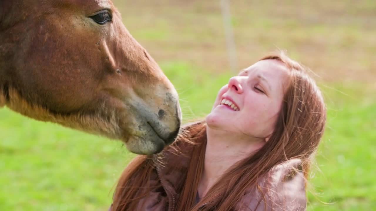 Woman and horse touching with nose close up