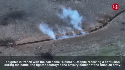 Ukrainian soldier fighting with six Russians attacking trench