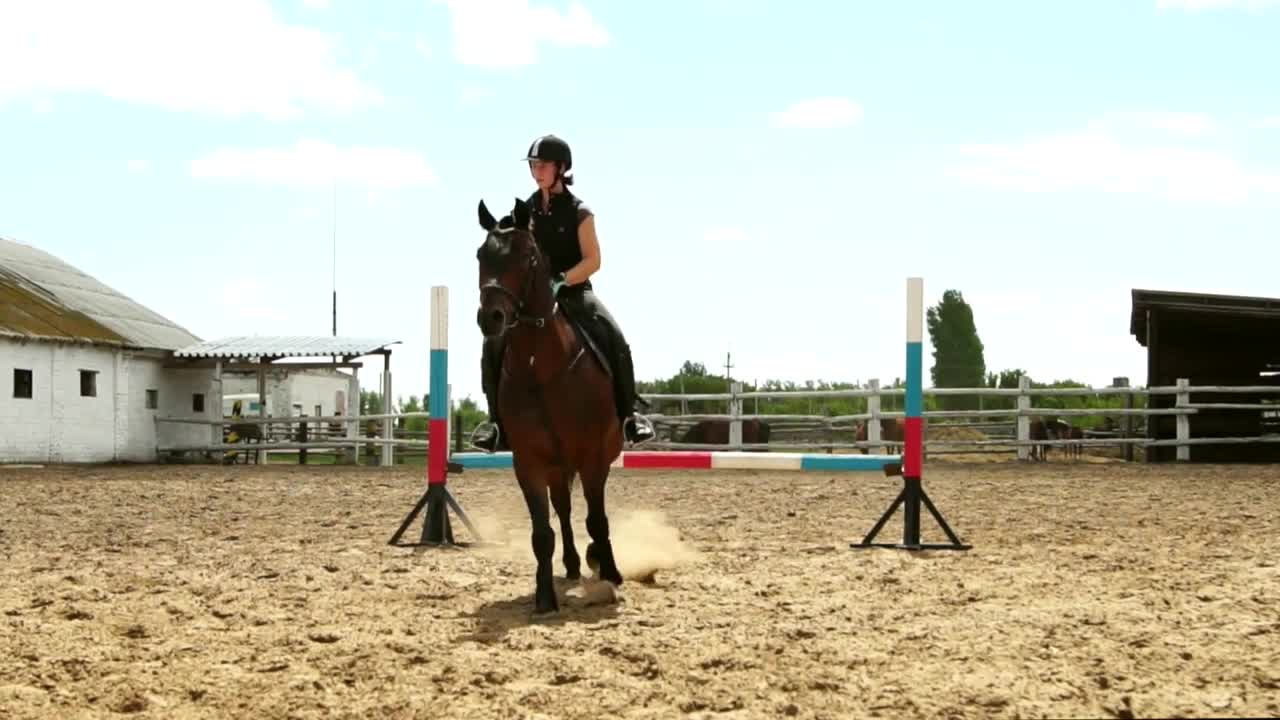 Horse woman jumps through the barrier on horseback slow motion