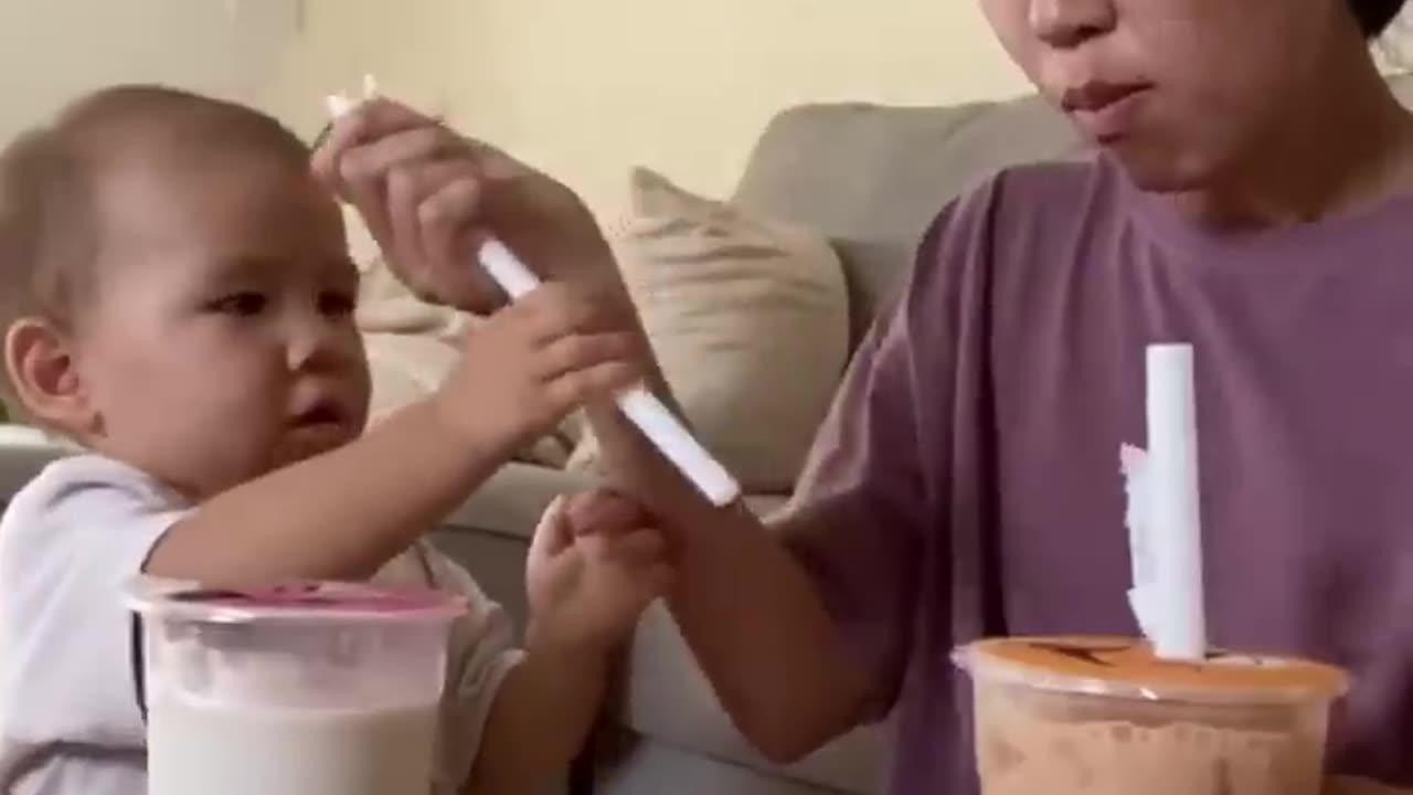 Boba straw challenge with my toddler Funny video