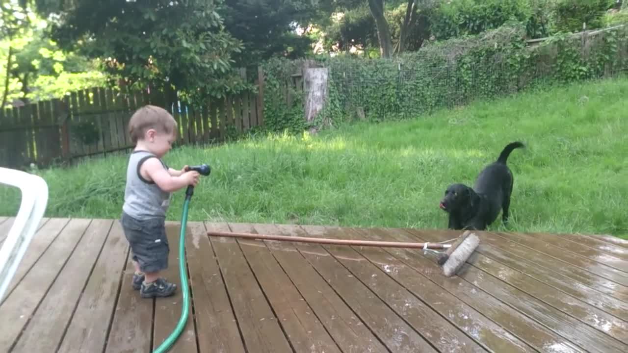 Best Friends - Russell and Cooper - Baby Laughing - Dog Bath