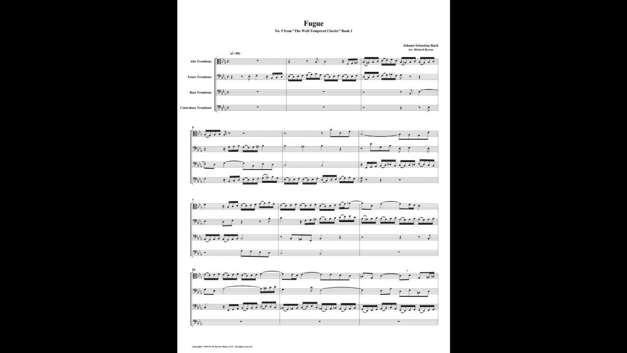 Fugue 09 from Well Tempered Clavier, Book 1 by J S Bach Trombone Quartet