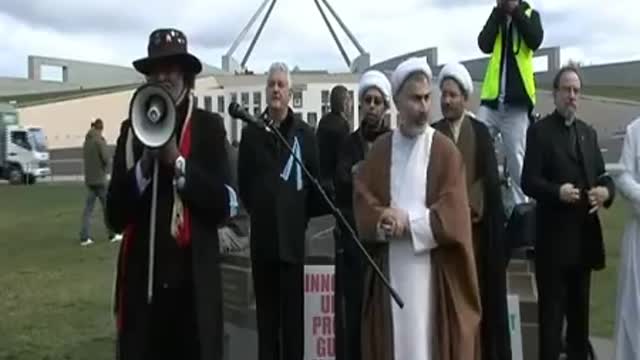 Pastor Ray Minniecon addresses the Save the Sheikh Canberra Rally