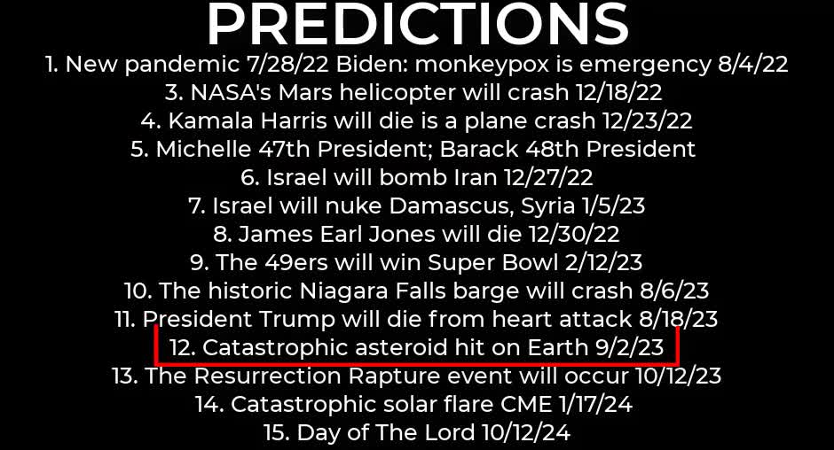 PREDICTIONS - Harris' plane crash 12/23; Israel nuke Damascus 1/5/23; asteroid 9/2/23