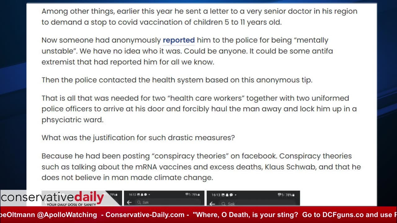 Conservative Daily Shorts: Swedish man admitted to Psych Ward for Questioning MRNA