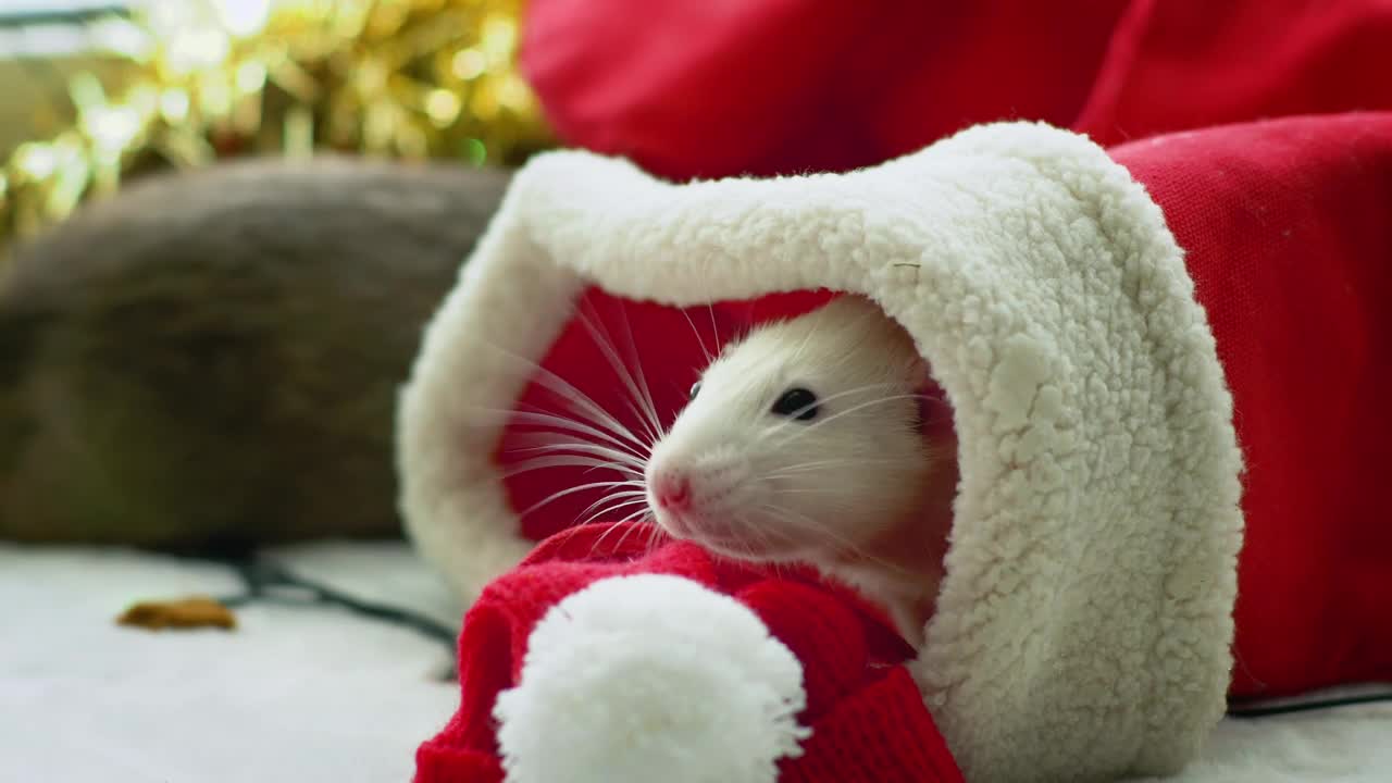 White rat inside a Christmas stocking