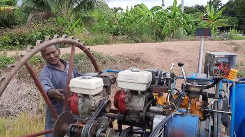 Trial converting a car to drop rice fields into a sprayer...