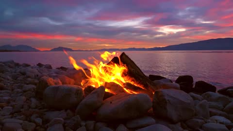 8 Hours of Relaxing Campfire by a Lake at Sunset in UHD, Stress Relief, Meditation Deep Sleep