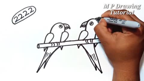 Two birds In Love By 2222 - How To Turn Number 2222 Into Love Birds - Parrots Drawing Tutorialp5