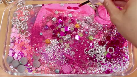 Mixing"PinkStar" Eyeshadow and Makeup,parts,glitter Into Slime!Satisfying Slime Video!★ASMR★