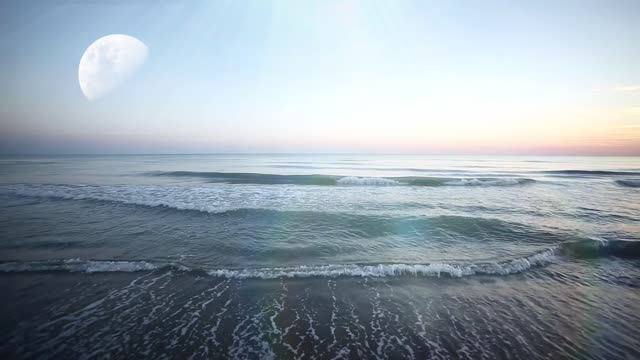 Nature Panorama Ocean Moon Sky Waves Crashing