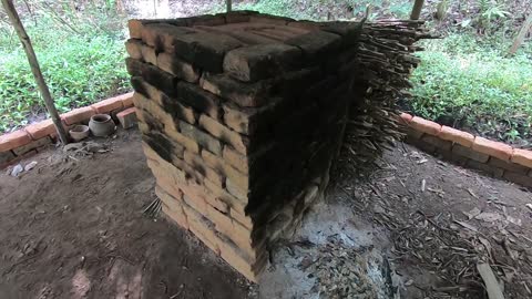 Primitive Technology: Wood Ash Cement & Fired Brick Hut