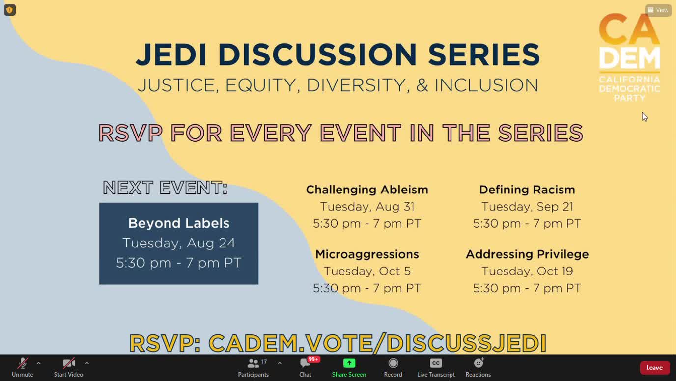 Justice, Equity, Diversity, Inclusion (JEDI) Discussion Seriesj