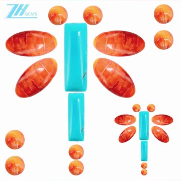 Natural turquoise 7*21mm rectangle cabochon and orange spiny oyster oval shape round beads06