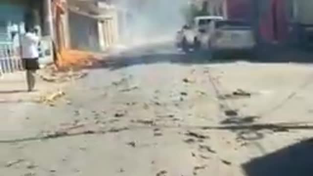 Burning truck drives through town -We're on a Highway To Hell - crazy-assed trucker