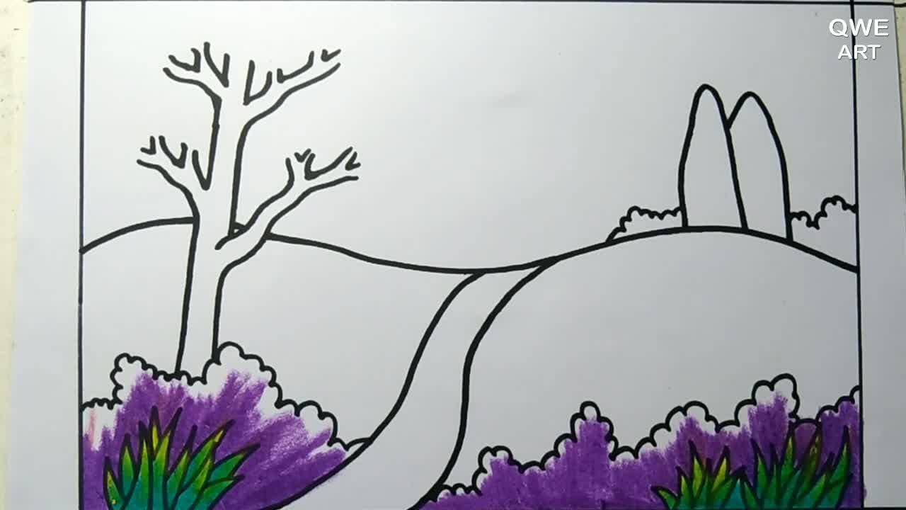 Rainbow Scenery Drawing | Landscape drawing with Mountain and Rainbow - Drawing Class- 12