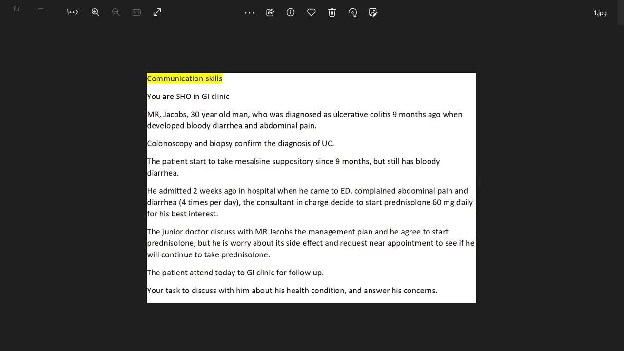 ST4.Talk to a 30 year old man with bloody diarrhea who was diagnosed with UC and needs steroids