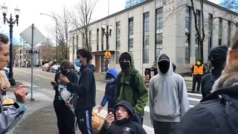 Antifa Dustin refuses lets go brandon hat at antimandate protest