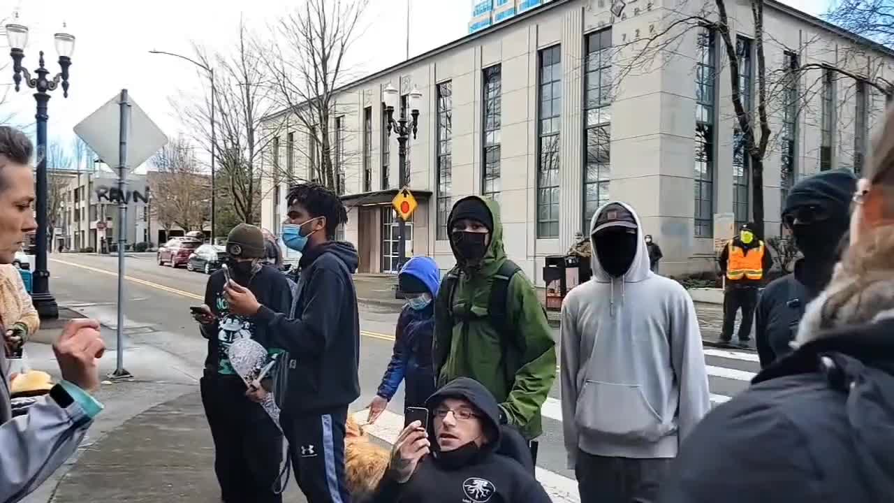 Antifa Dustin refuses lets go brandon hat at antimandate protest
