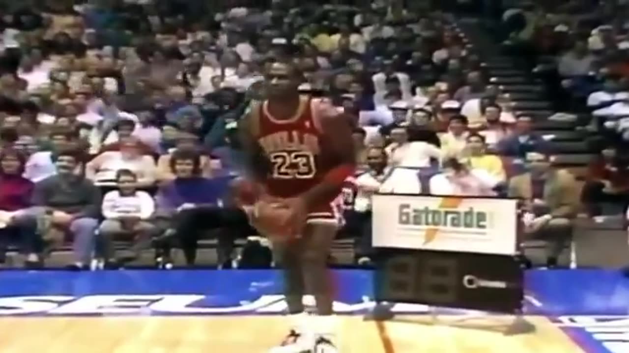 Michael Jordan wows the crowd with this dunk from the free throw line in the 1987 NBA Dunk Contest