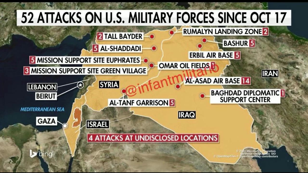 The number of attacks on US troops in the Middle East has increased to 52 since October 17.