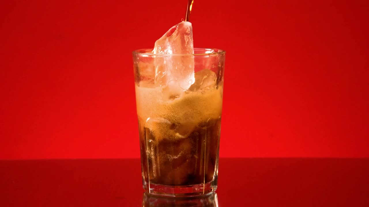 Served glass of soda on a red background