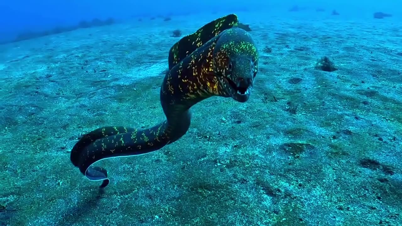 Some curious Moray Eel swimming on the sand bottom of Tokyo island