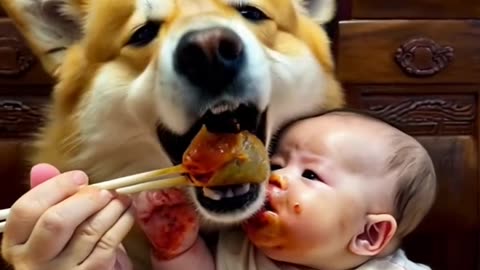 Dog feeds baby