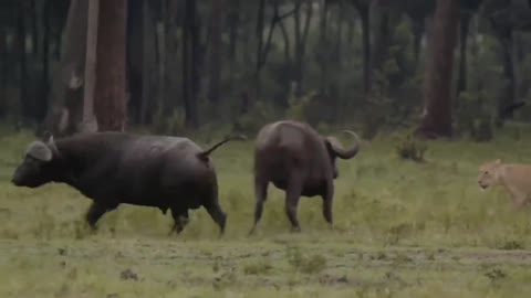Two buffaloes in a fierce battle with the lions