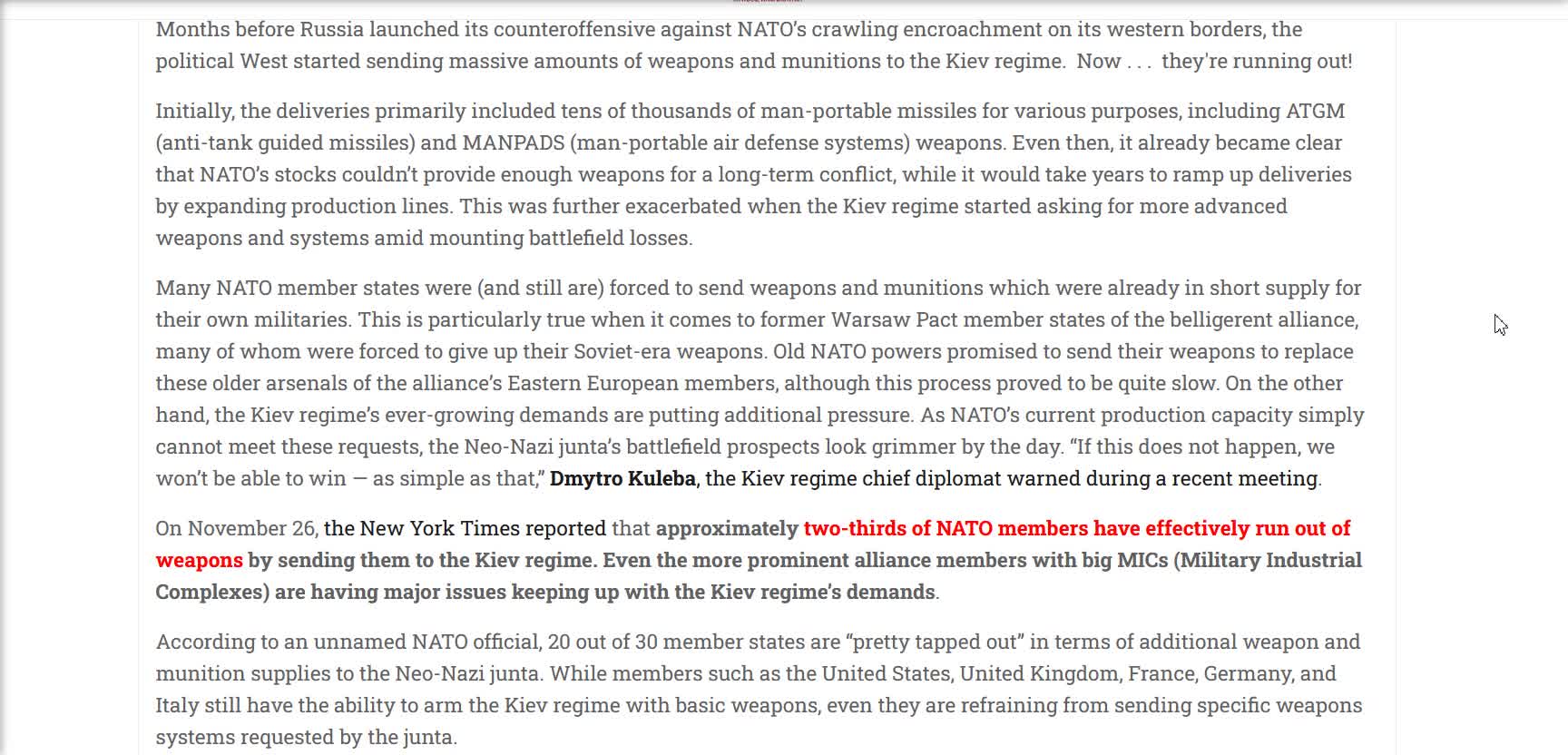 Russia Claims Confrontation Level Reached While NATO Weapons Running Out