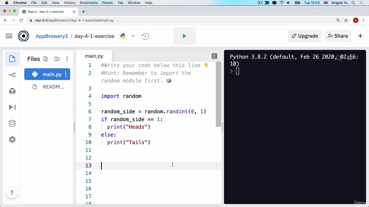 Day-4 Part-41 -Beginner- Interactive Coding Exercise] Heads or Tails - Learn Python