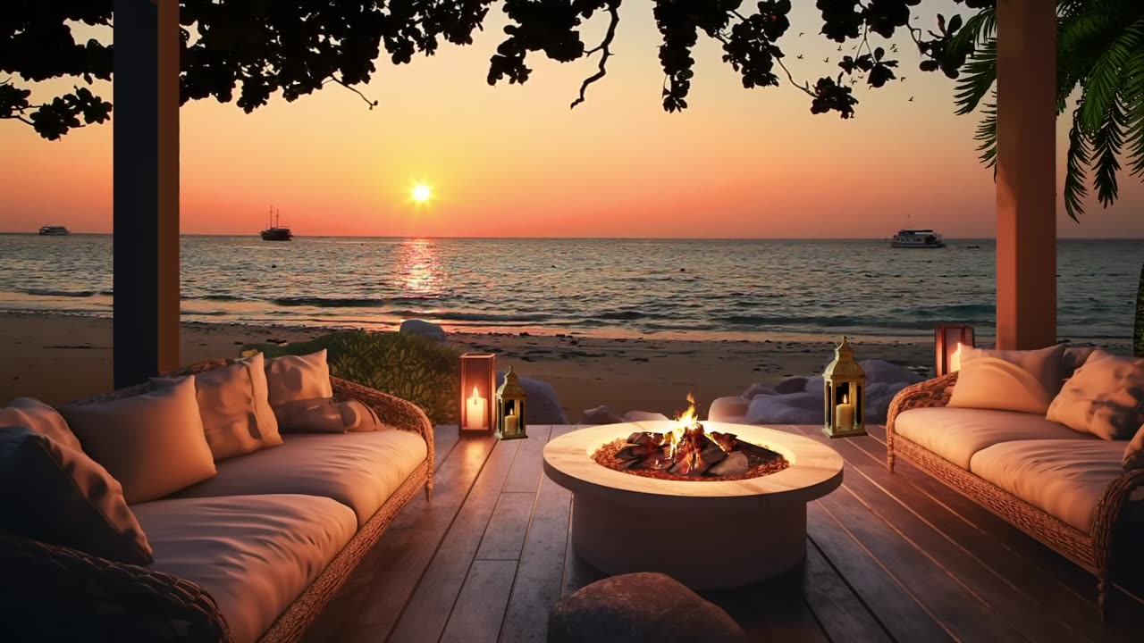 Peaceful Resort Ambience Overlooking The Sea _ Water_ Crackling Fire_ Crickets_ Wave Sounds(1080P)