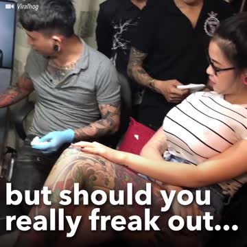 PRANK; Busty girl gets a Tattoo